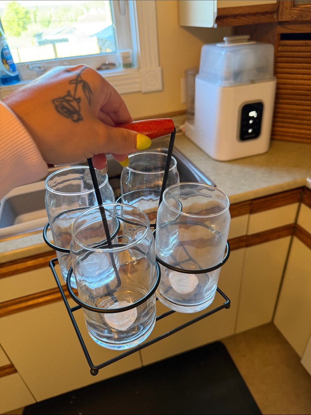 Clear Glass Tumbler Set with Black Metal Carrier and Red Handle
